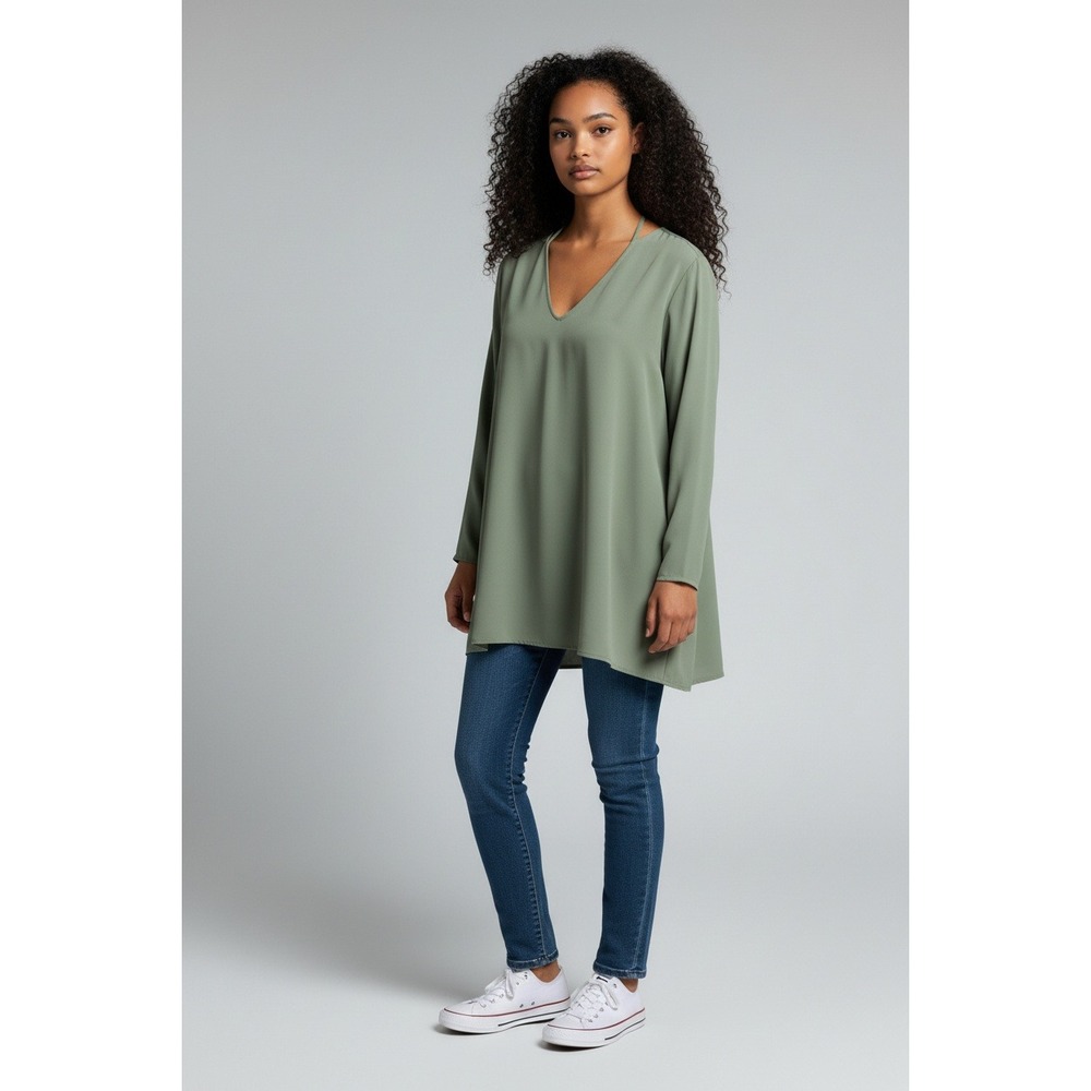 Won Hundred Irma 2‎ Sage Green V-Neck Tunic Dress Long Sleeve Open Back Size 36